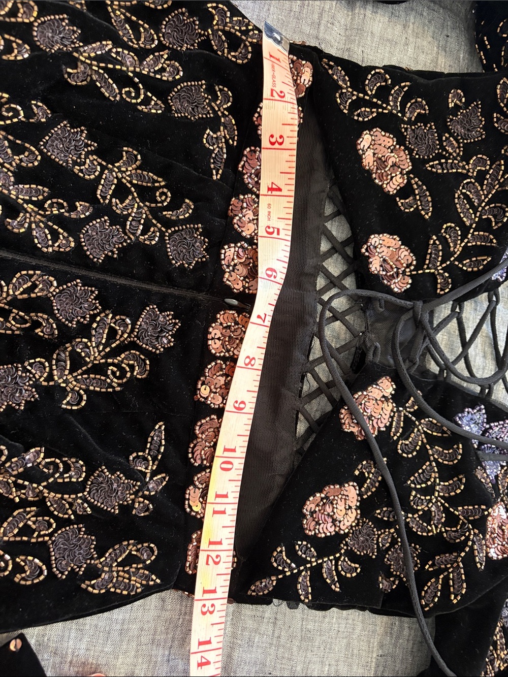 NASTY GAL BLACK, ROSE GOLD & BLUE SEQUIN JUMPSUIT. SIZE 4. BACK LACEUP & ZIPPER. - Picture 13 of 14